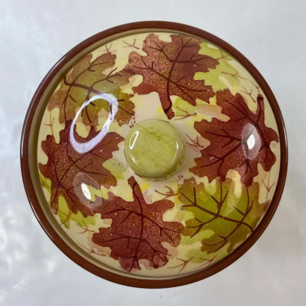 Pier 1 Autumn Ceramic Cookie Jar Yellow Red Brown Leaves Design Kitchen Storage